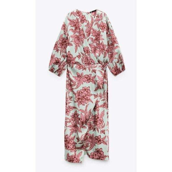 Zara Wrap Style Midi Floral Print Long Sleeves Satin - Picture 8 of 9